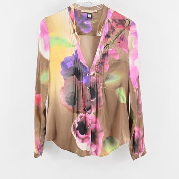 Vtg Y2k ROBERTO CAVALI Womens Silk Top Size 8 Floral Satin V Neck Button Fairy - Picture 1 of 13